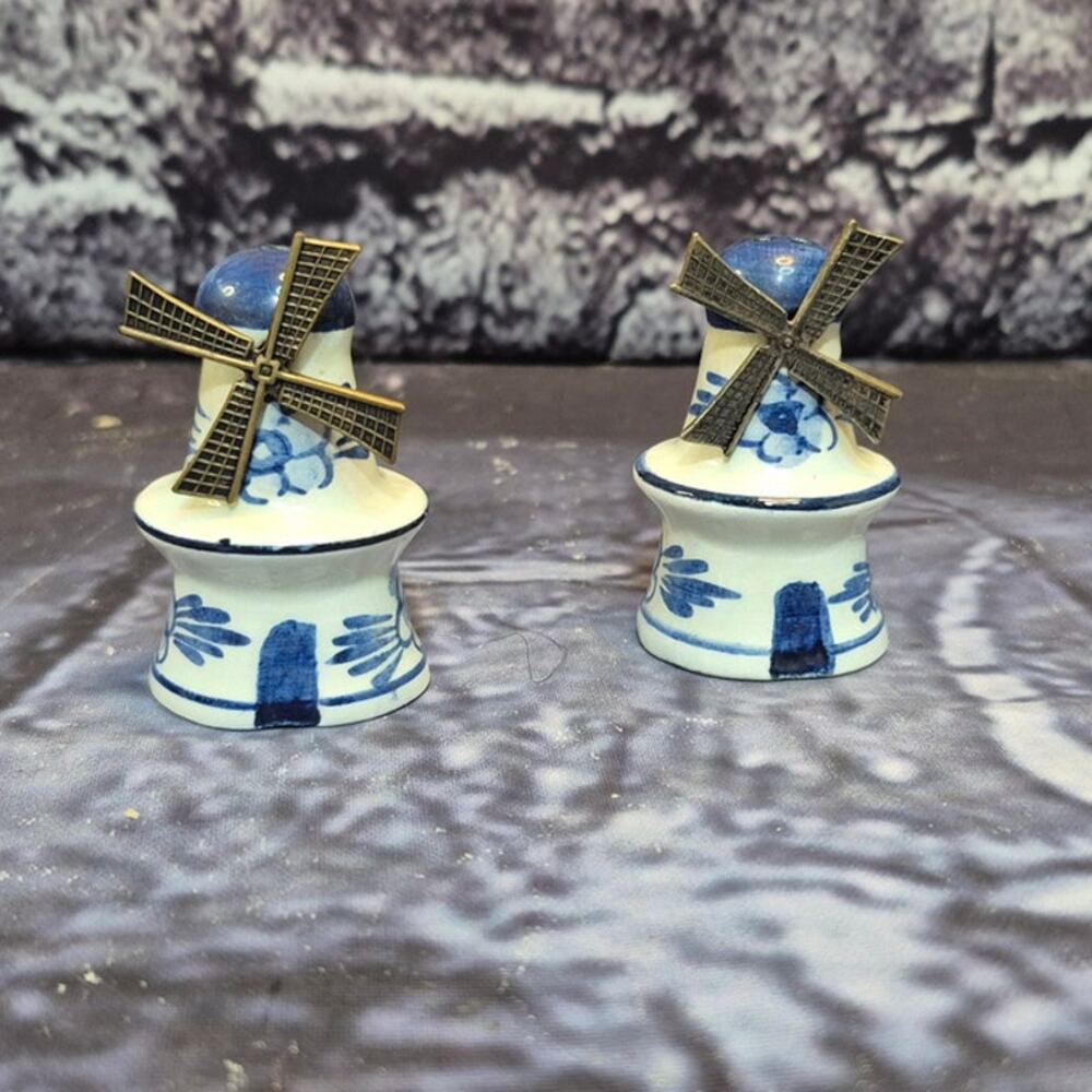 Vintage Delft Windmill Salt and Pepper Shakers Blue and White Holland Ceramic